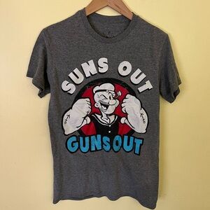 Popeye Gray Graphic T-Shirt Suns Out Guns Out Small